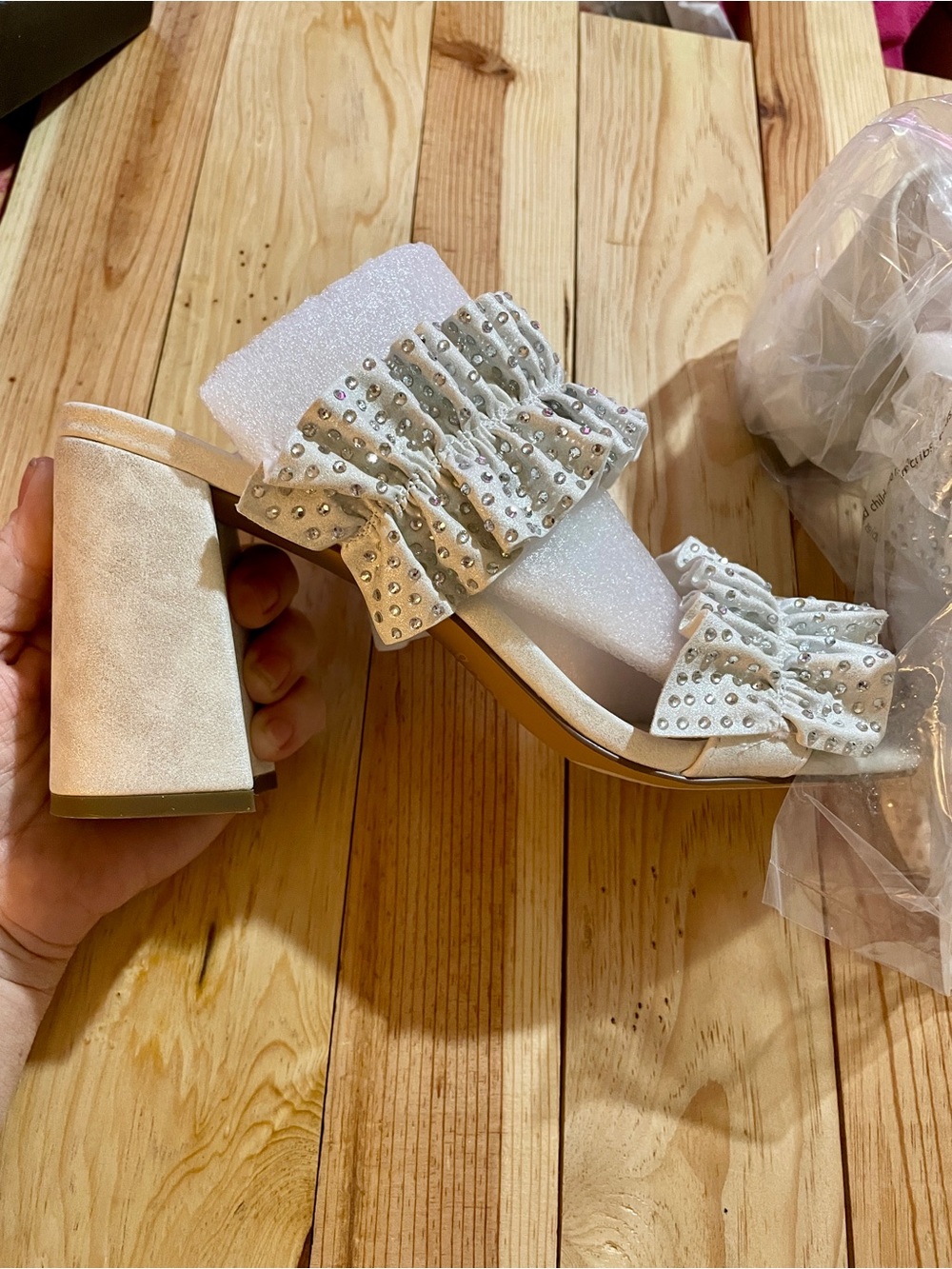 Ruffled Rhinestone Block Heel Slide - Ivory